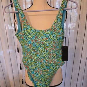 Ed Hardy Blue and Green Patterned One Piece Swimsuit